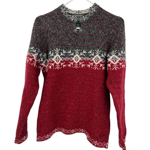 Woolrich Fair Isle Sweater Red Gray Wool Blend Metal Frog Closure Women's Small - Picture 1 of 7